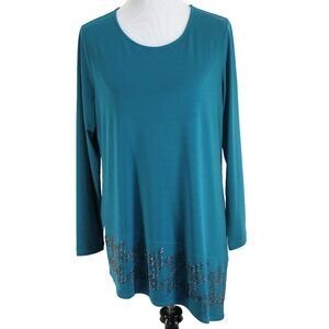 Susan Graver Artisan Top Womens Size M Teal Asymmetrical Long Sleeve Liquid Knit